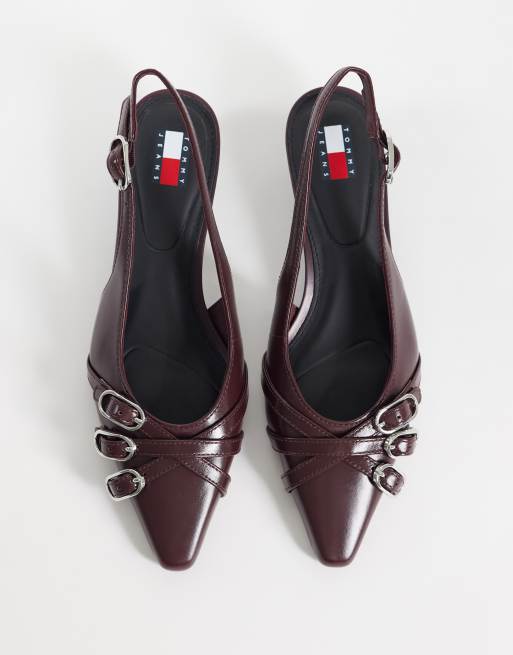 Tommy Jeans Olimpia leren slingback kitten heels met gespen in bordeauxrood, 4 van 4