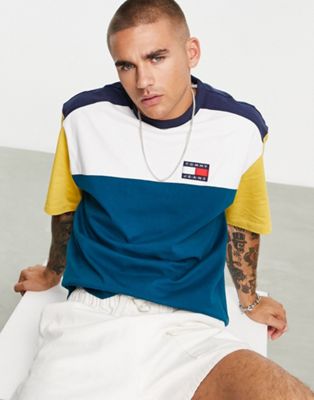 Tommy Jeans cotton colourblock badge logo t-shirt in blue - MBLUE