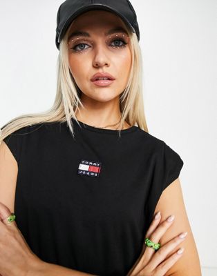 Tommy Jeans cotton crop elasticated badge tank in black  - BLACK