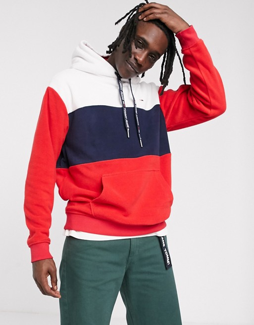 Tommy Jeans overhead fleece hoodie in red/white/navy with icon logo
