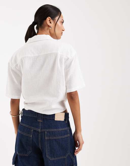 Tommy Jeans - Overhemd met textuur, gestrikte voorkant en korte mouwen in wit, 4 van 4