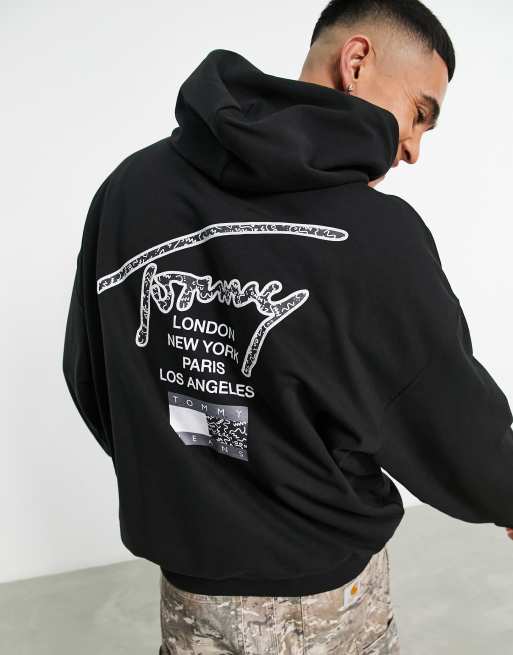 Tommy Jeans – Oversize-Kapuzenpullover in Schwarz mit Logoprint am Rücken