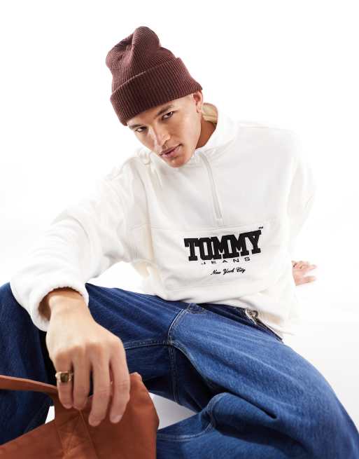 Tommy Jeans – Oversize-Pullover aus Polarfleece-Mischgewebe in Weiß mit kurzem 1/2-Reißverschluss