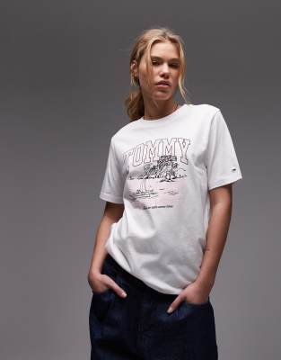 Tommy Jeans - Oversize-T-Shirt in Weiß und Rosa mit Urlaubs-Print