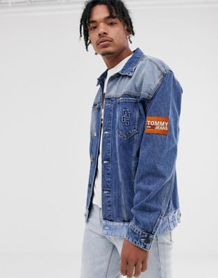 Tommy Jeans oversize trucker jacket with contrast hem and sleeve badge in mid wash-Blue
