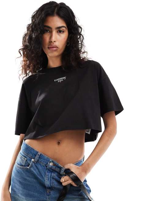 Tommy Jeans oversized crop logo t-shirt in black | ASOS