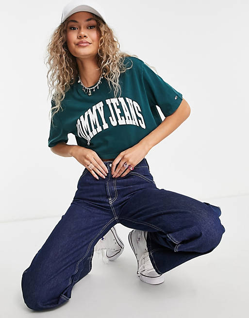 Tommy Jeans oversized cropped collegiate logo t-shirt in green | ASOS