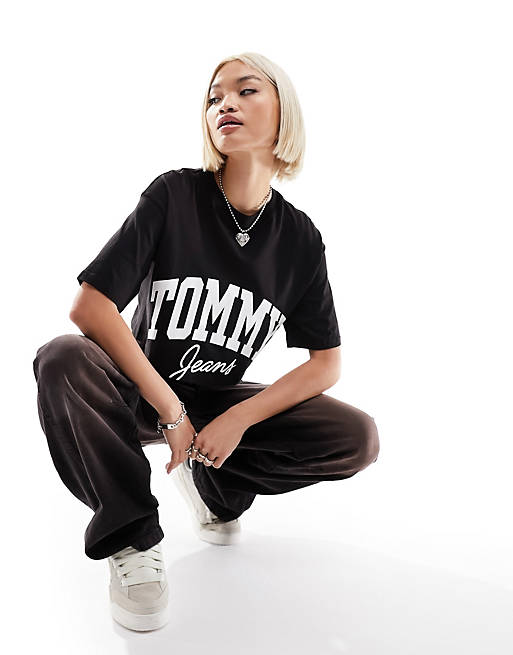 Tommy Jeans oversized cropped new varsity logo short sleeve t-shirt in ...