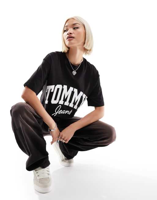 Tommy Jeans oversized cropped new varsity logo short sleeve t-shirt in black