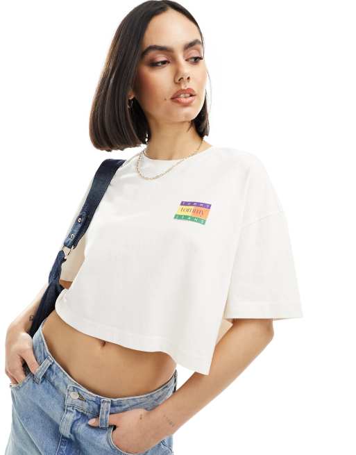 Tシャツ・カットソー      Jeans Classic Small Flag Tommy Jeans oversized cropped summer flag t-shirt in white