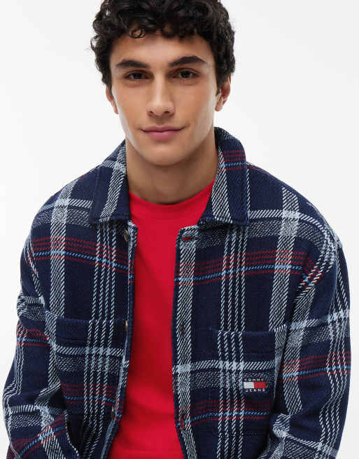 Tommy Jeans Oversized fit check textured twill overshirt in dark blue, 3 of 6