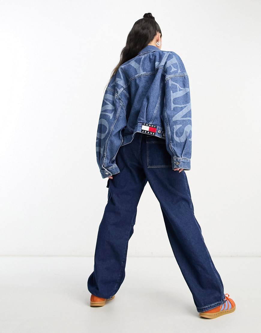 Tommy Jeans oversized flag logo denim jacket in mid wash-Blue