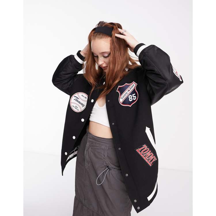 Tommy Jeans oversized letterman jacket in black