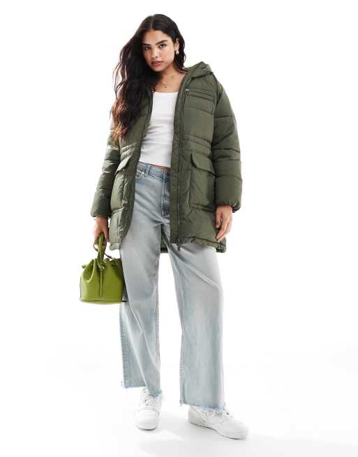 Tommy Jeans oversized long puffer jacket in khaki green ASOS