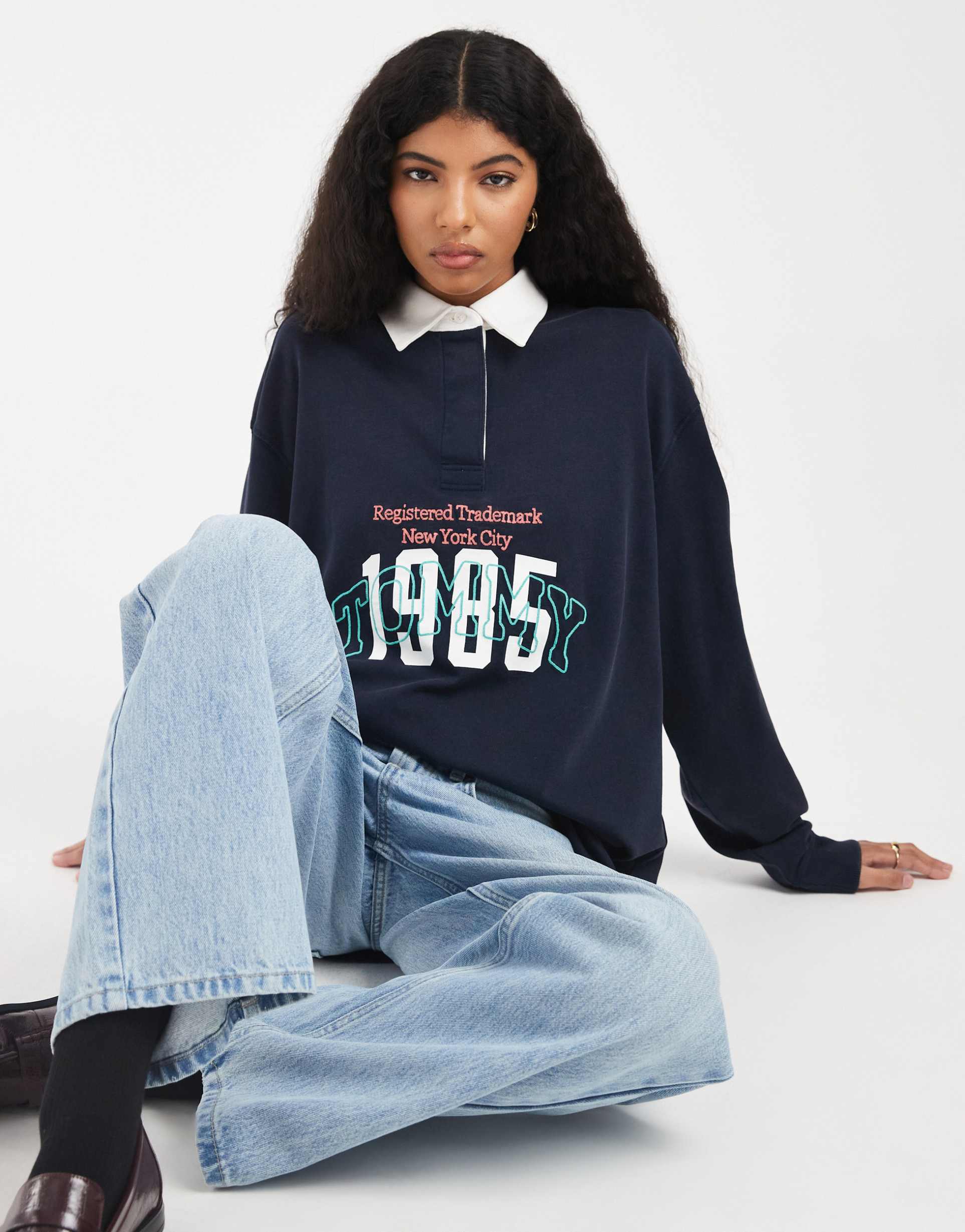 tommy jeans oversized varsity logo rugby top in navy