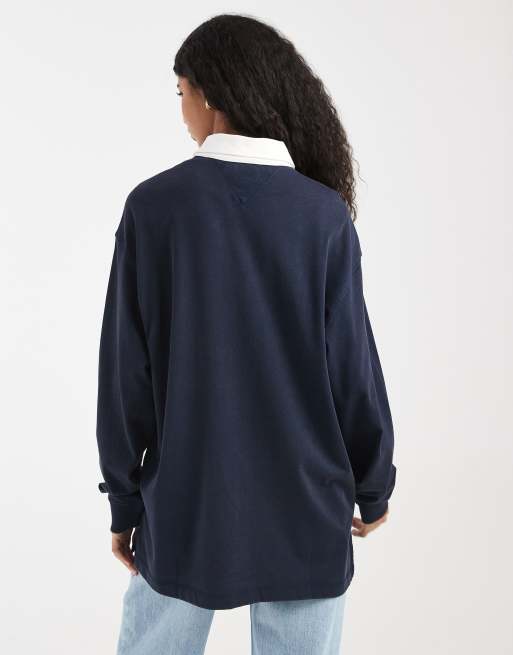 Tommy Jeans oversized varsity logo rugby top in navy, 3 of 4