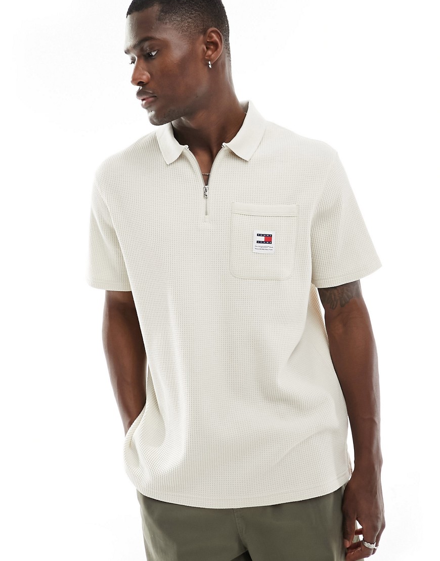Tommy Jeans oversized waffle polo shirt in off white-Neutral