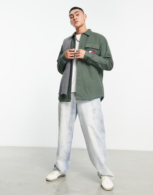 Tommy Jeans - Overskjorte med flaglogo i mørkegrøn imiteret lammeskind, 2 af 4