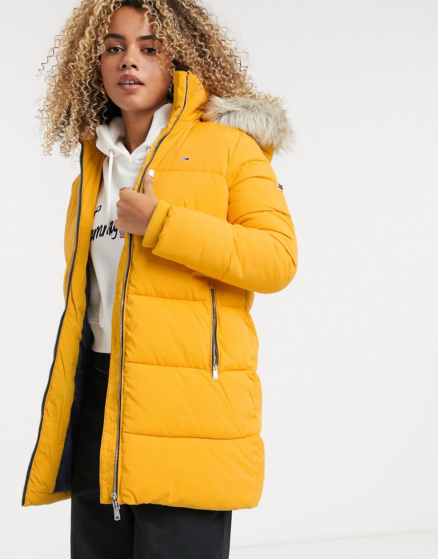 Tommy Jeans padded coat with faux fur hood-Yellow