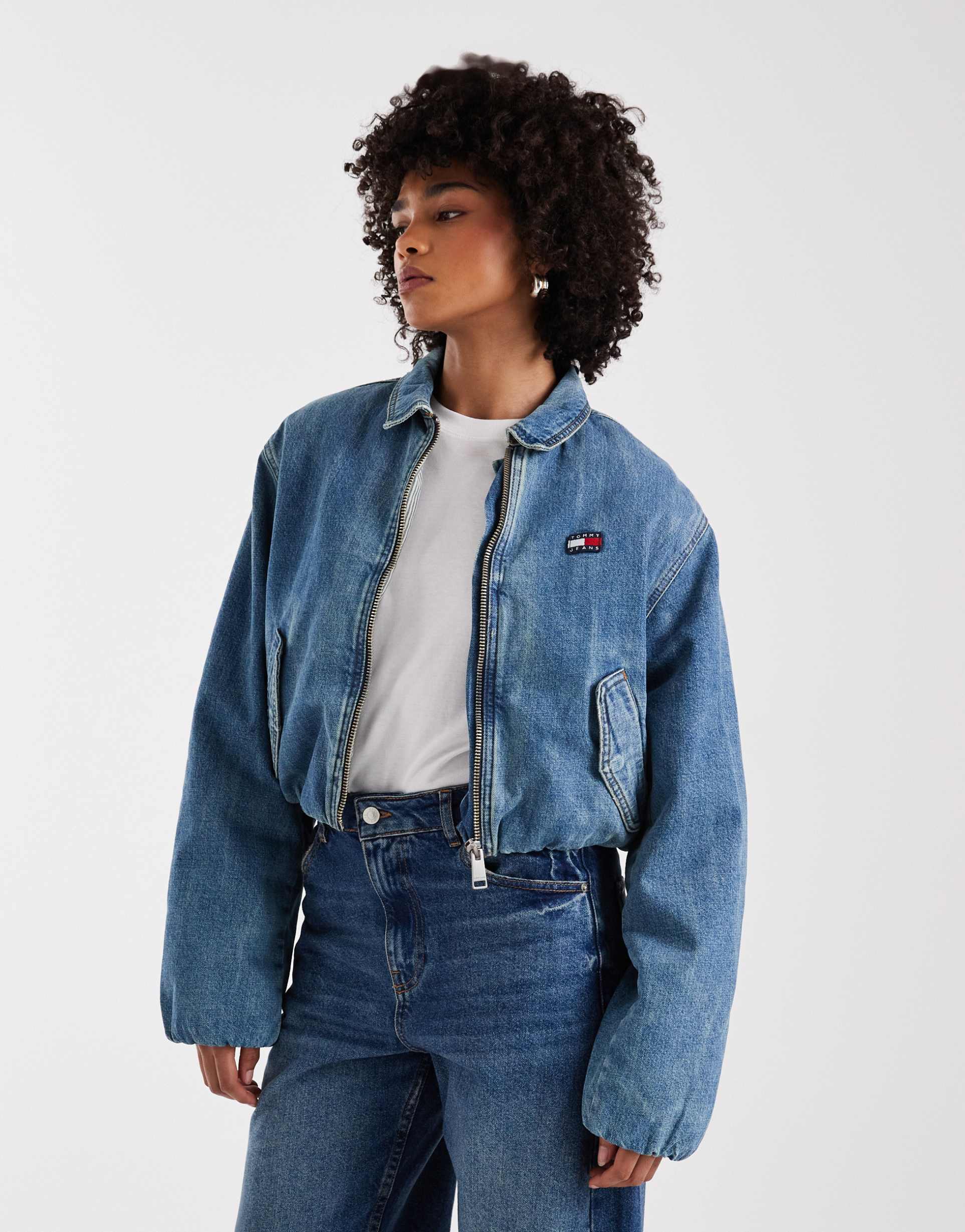 tommy jeans padded harrington denim jacket in mid wash blue