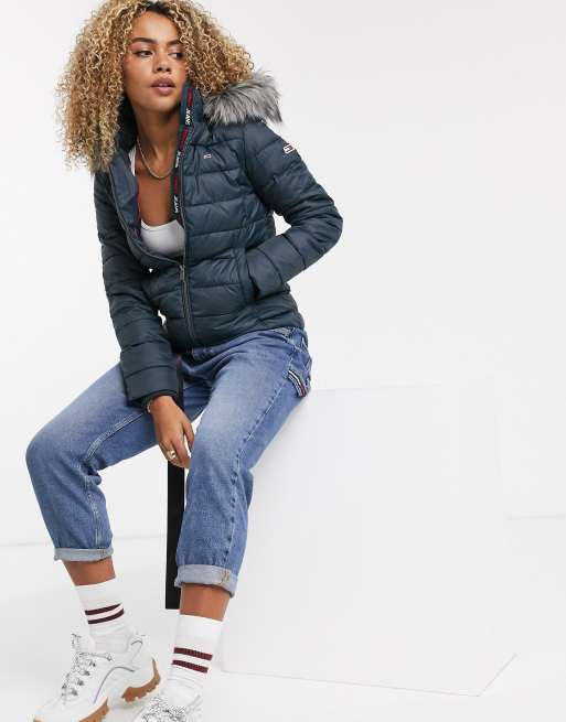 Tommy jeans recycled padded jacket with store faux fur hood