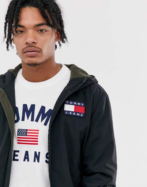 Tommy Jeans padded nylon hooded jacket in black with large flag