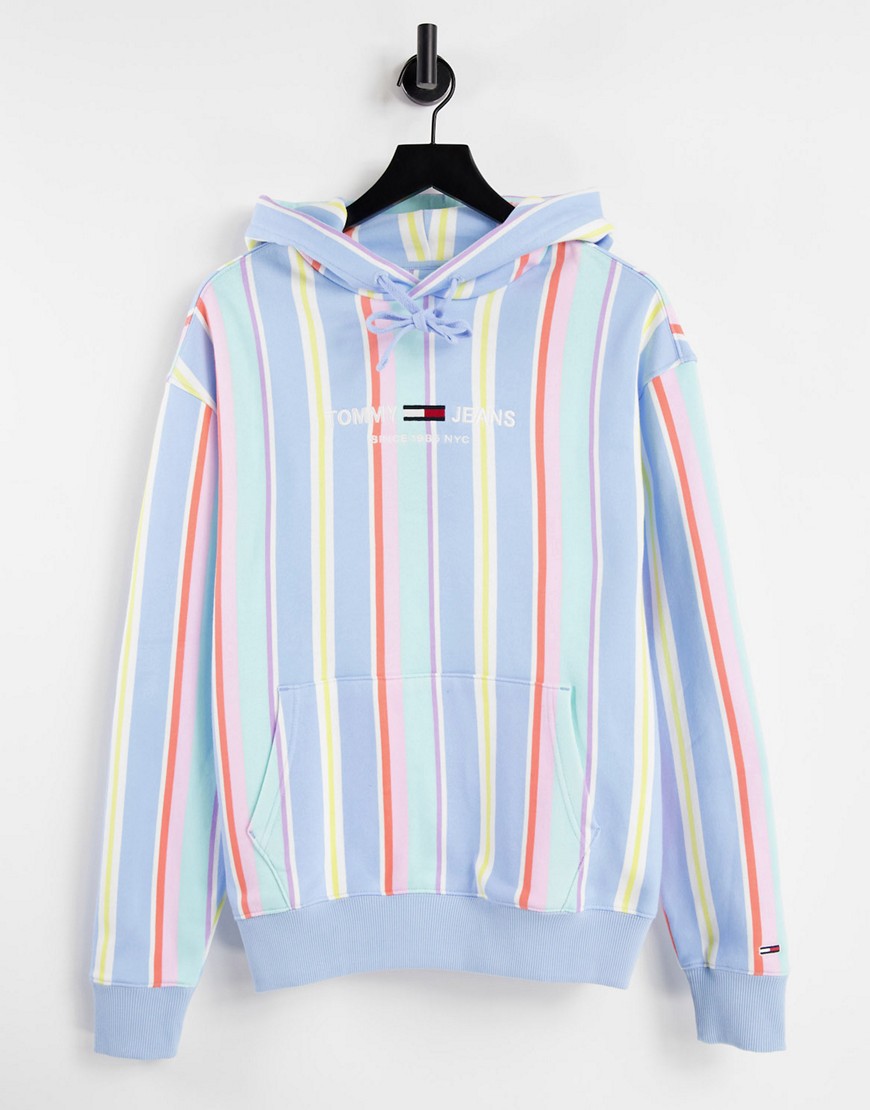 Tommy Jeans Pastel Capsule center logo stripe hoodie in light powdery blue-Blues