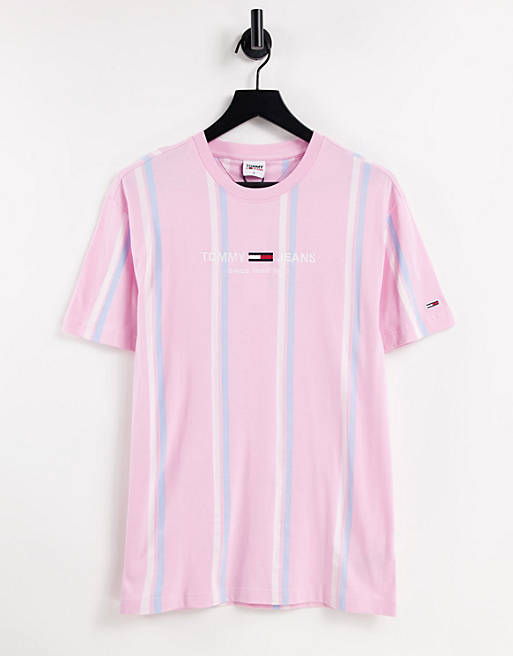Tommy Jeans pastel capsule central logo wide stripe t-shirt in romantic pink