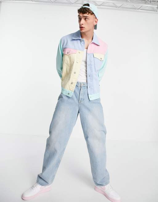 Jeans pastel capsule logo color block denim jacket in light powdery ASOS