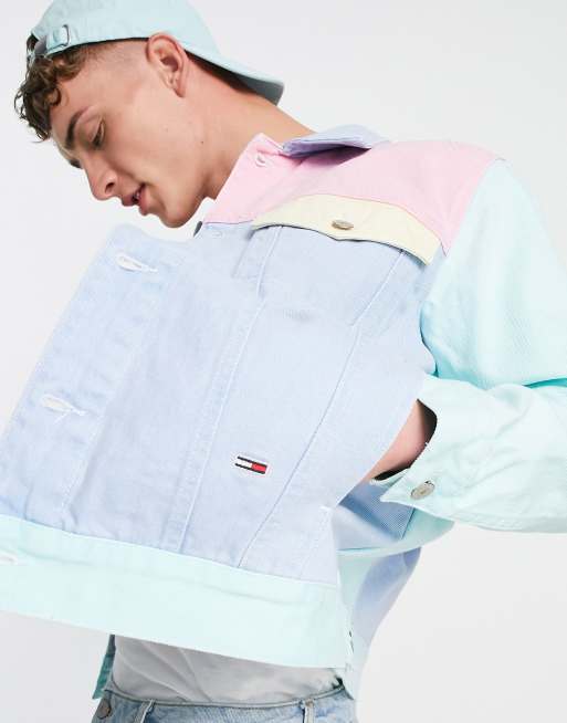 Tommy Jeans pastel capsule flag logo colour-block denim jacket in light powdery blue, 3 of 4