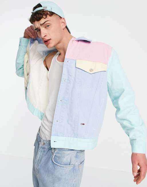 Tommy Jeans pastel capsule flag logo colour-block denim jacket in