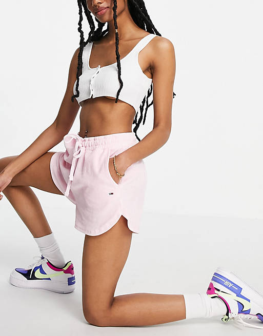 Tommy Jeans pastel collection co-ord velour shorts in pink