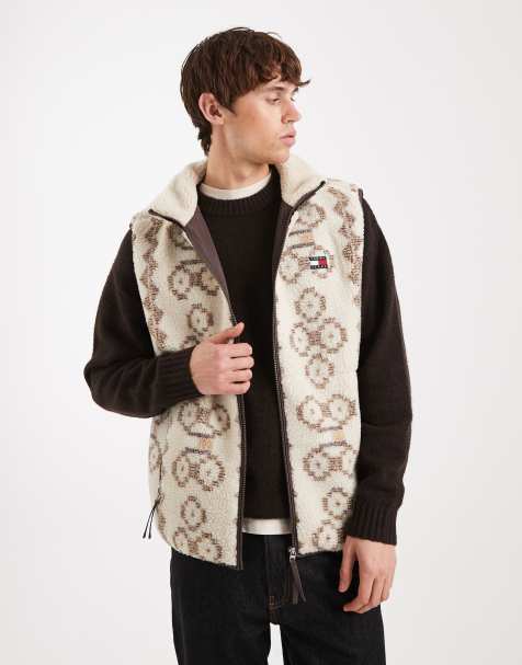 Tommy Jeans pattern teddy zip up vest in brown - view 1
