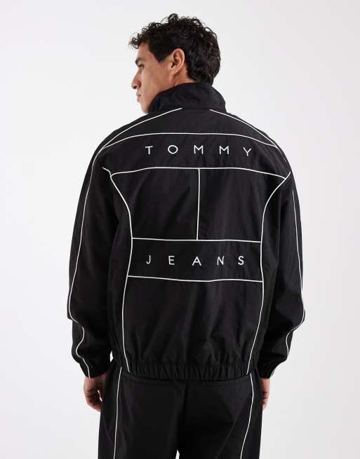 Tommy Jeans piping detail chest flag logo track jacket in black, 3 of 5