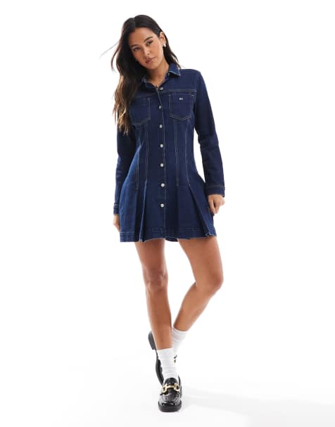 Tommy Jeans Pleated denim mini shirt dress in navy blue