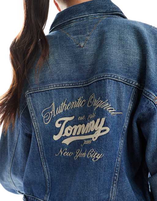 Tommy Jeans pleated trucker denim jacket with embroidered detail in mid blue , 2 of 4