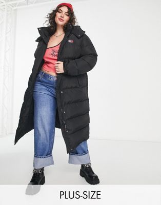 Tommy Jeans Plus alaska hooded down long puffer in black  - ASOS Price Checker