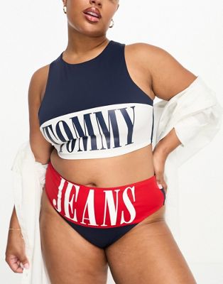 Tommy Jeans plus archive high neck crop bikini top in navy and red - ASOS Price Checker
