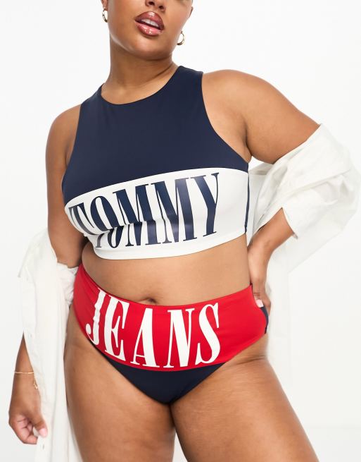 Tommy Jeans Plus archive high neck crop bikini top in navy and red