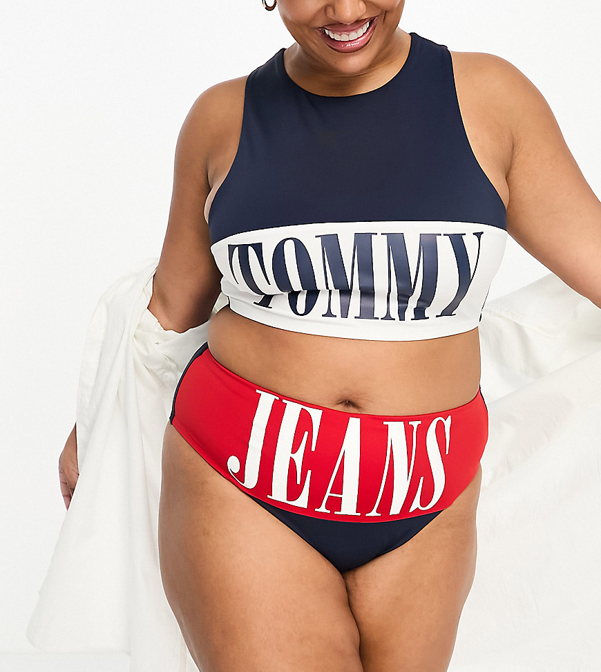Tommy Hilfiger Tommy Jeans Plus Archive High Waist Cheeky Bikini Bottoms In Navy And Red-multi