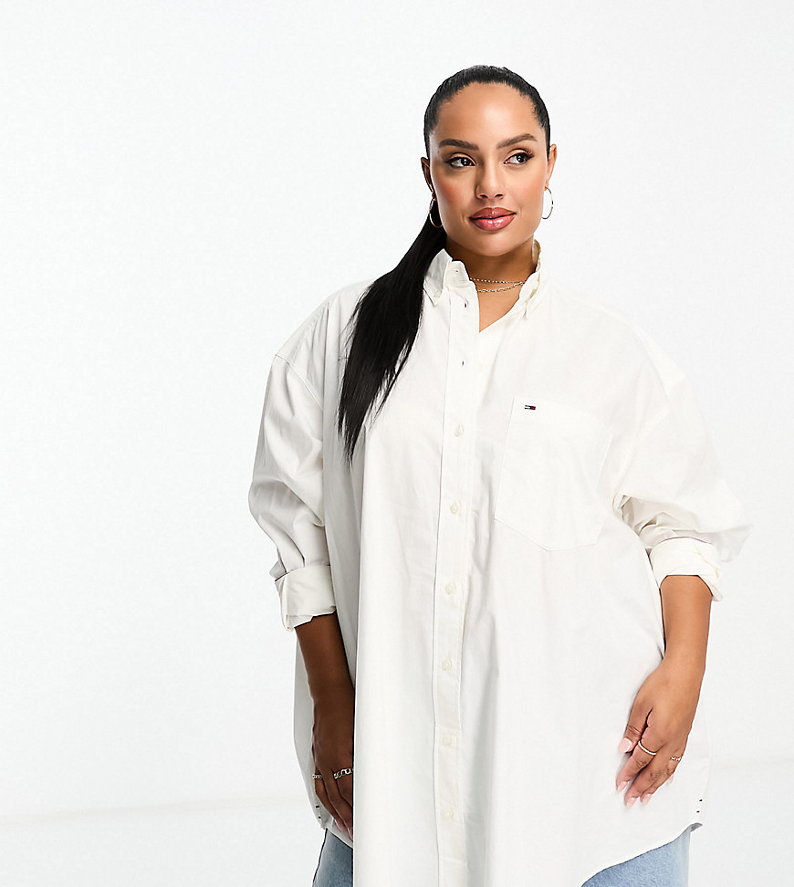tommy jeans plus - camicia super oversize bianca in popeline-bianco