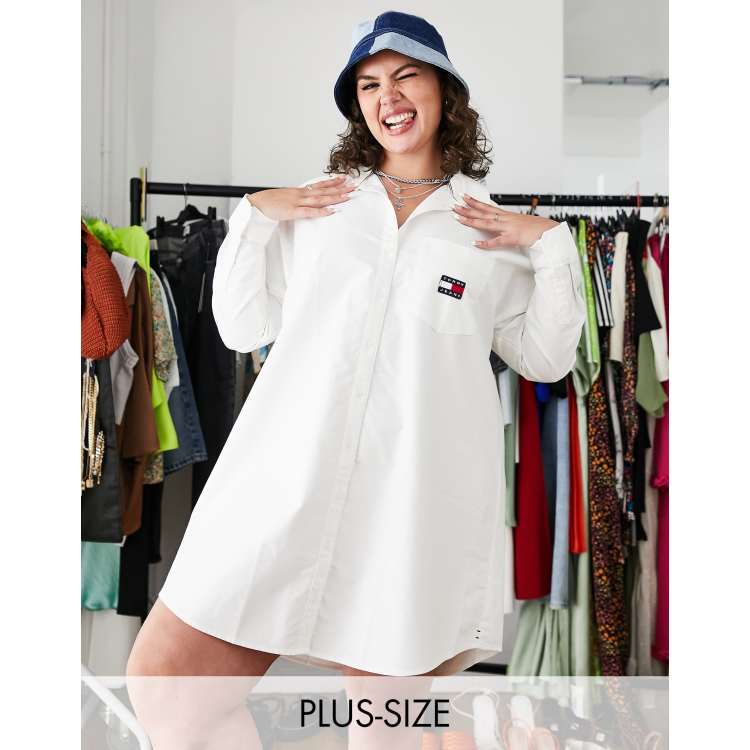 Tommy Jeans Plus cotton flag logo shirt dress in white WHITE