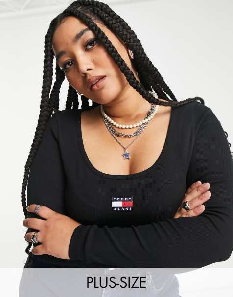 Tommy Jeans Plus flag logo long sleeve rib t-shirt in black