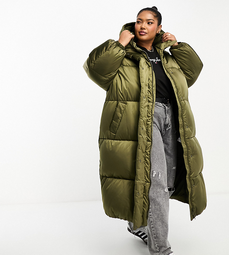 Tommy Jeans Plus long satin puffer coat in olive green