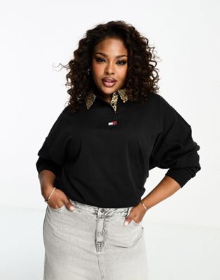 Tommy Jeans Plus oversized leopard collar rugby top in black - ASOS Price Checker