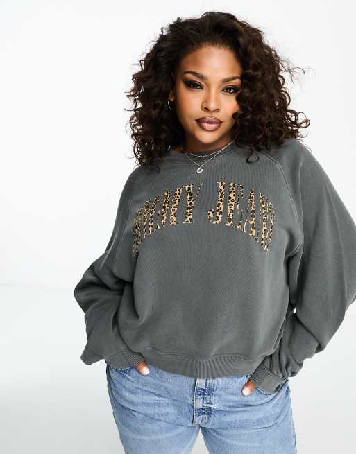 Tommy Jeans Plus relaxed leopard print logo crew neck sweatshirt in charcoal