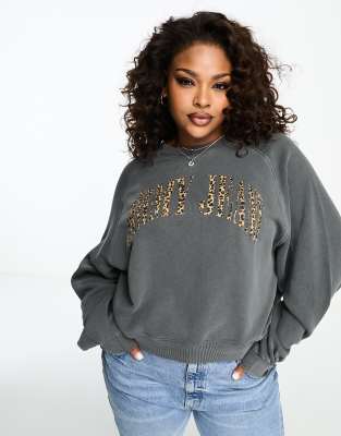 Tommy Jeans Plus relaxed leopard print logo crewneck sweatshirt in charcoal