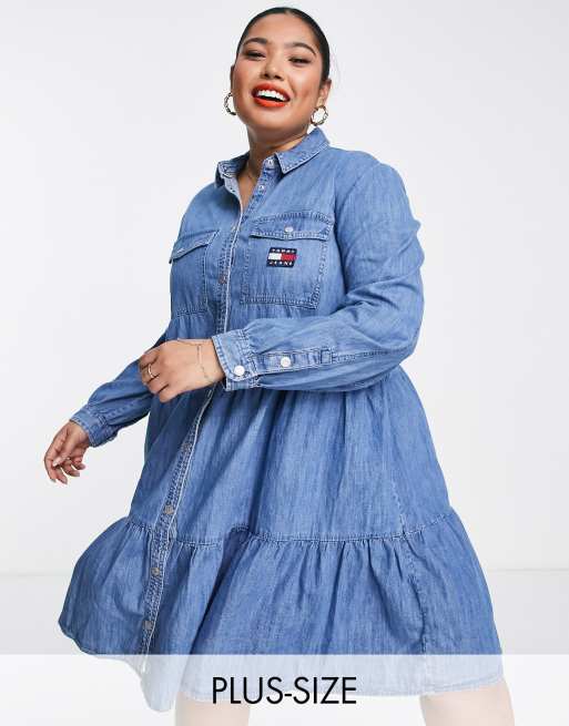 Tommy Jeans Plus Robe chemise a volants etages en chambray de coton Bleu MBLUE
