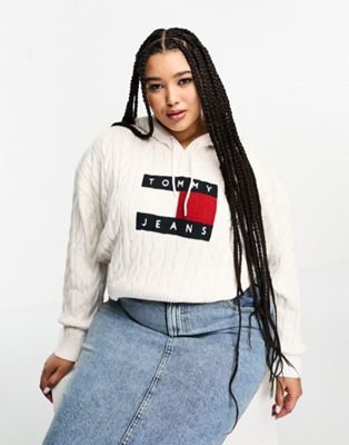 Tommy Jeans Plus centre flag logo cable knit hoodie in white - ASOS Price Checker