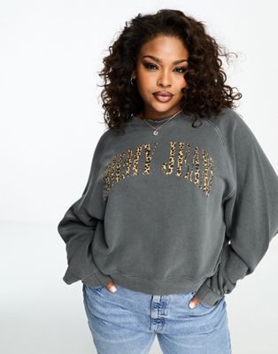 Tommy Jeans Plus relaxed leopard print logo crewneck sweatshirt in charcoal - ASOS Price Checker